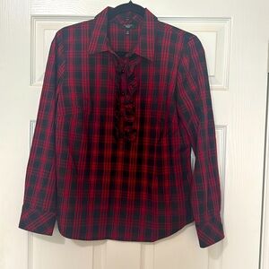 Talbots Red Black Plaid Ruffle Front Shirt Blouse Size 12 Petite Christmas